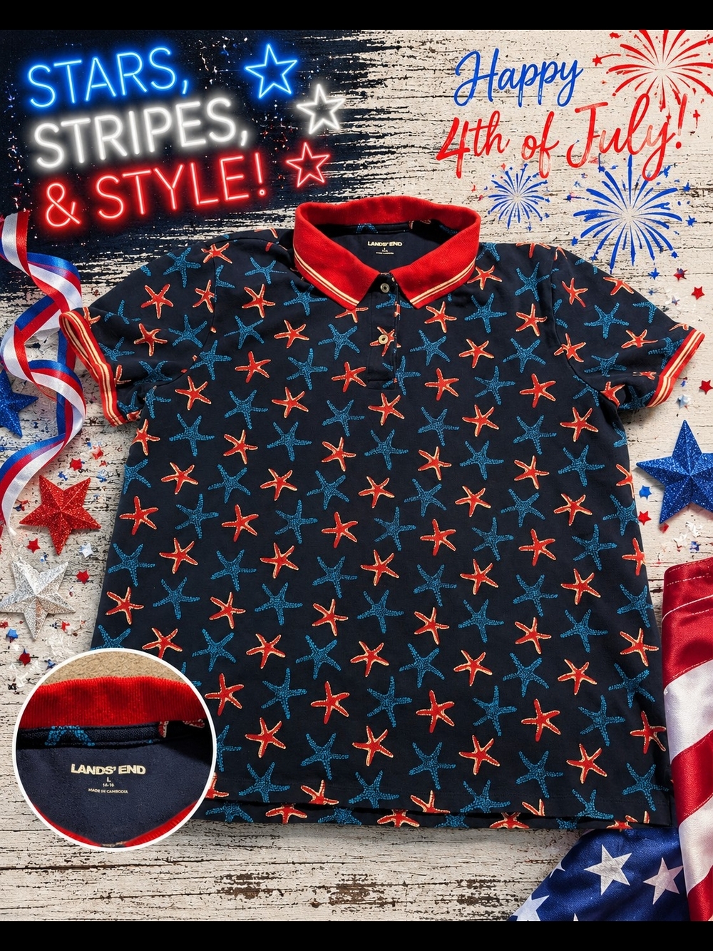 Lands' End Boys Large 14-16 Navy Starfish Print Polo Shirt Nautical